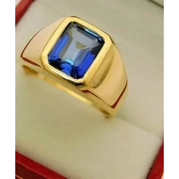 2.00Ct Emerald Cut Simulated Blue Sapphire Solitaire Bezel Set Men's Wedding Band Ring 14k Yellow Gold Plated 925 Silver