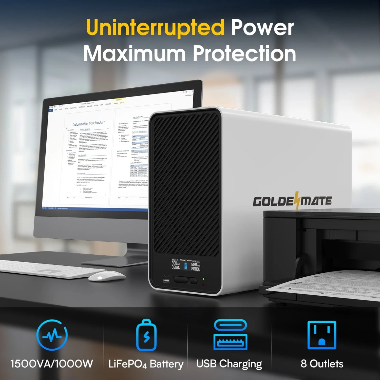 GOLDENMATE 1500VA/1000W Lithium UPS, battery backup Surge Protector, 297Wh LiFePO4 Power, AVR, Line Interactive Sine Wave, 8 Outlets, LCD Display