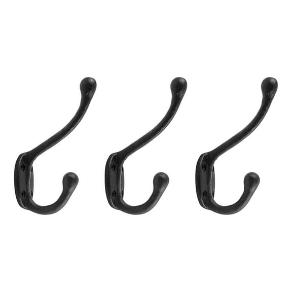 Renovators Supply Black Wrought Iron Robe and Coat Double Hooks 5" L Rustic Entry Way Hat or Jacket Hanger Wall Mount Rust Resistant Bathroom Towel Hooks w/Hardware Pack of 3