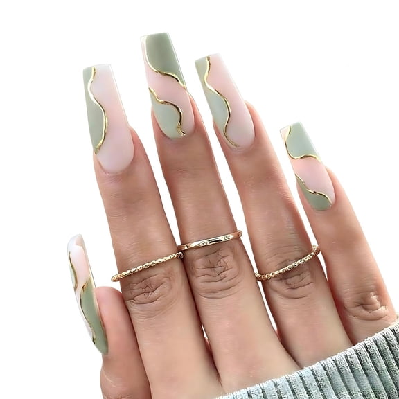 24PCS Sage Green Gold Swirl Press On Nails, Long Coffin Shape Nude Pink Fake Nails, Glossy Acrylic Nail Tips for DIY Manicure, Minimalist Nail Art Accessories for Women Girls Daily Wear & Salon Use