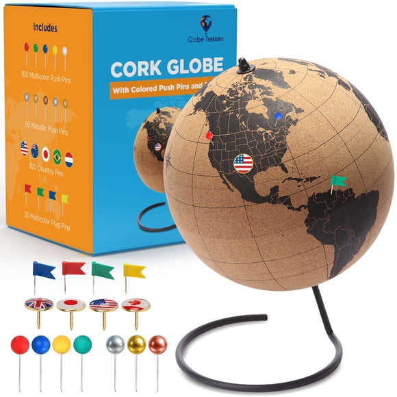 Globe en Liège Noir avec Punaises Poussoir - Globe de 10 Pouces avec Carte du Monde et Support Rotatif pour Enfants Ou Adultes, 100 Punaises Poussoir Colorées - pour la Maison,