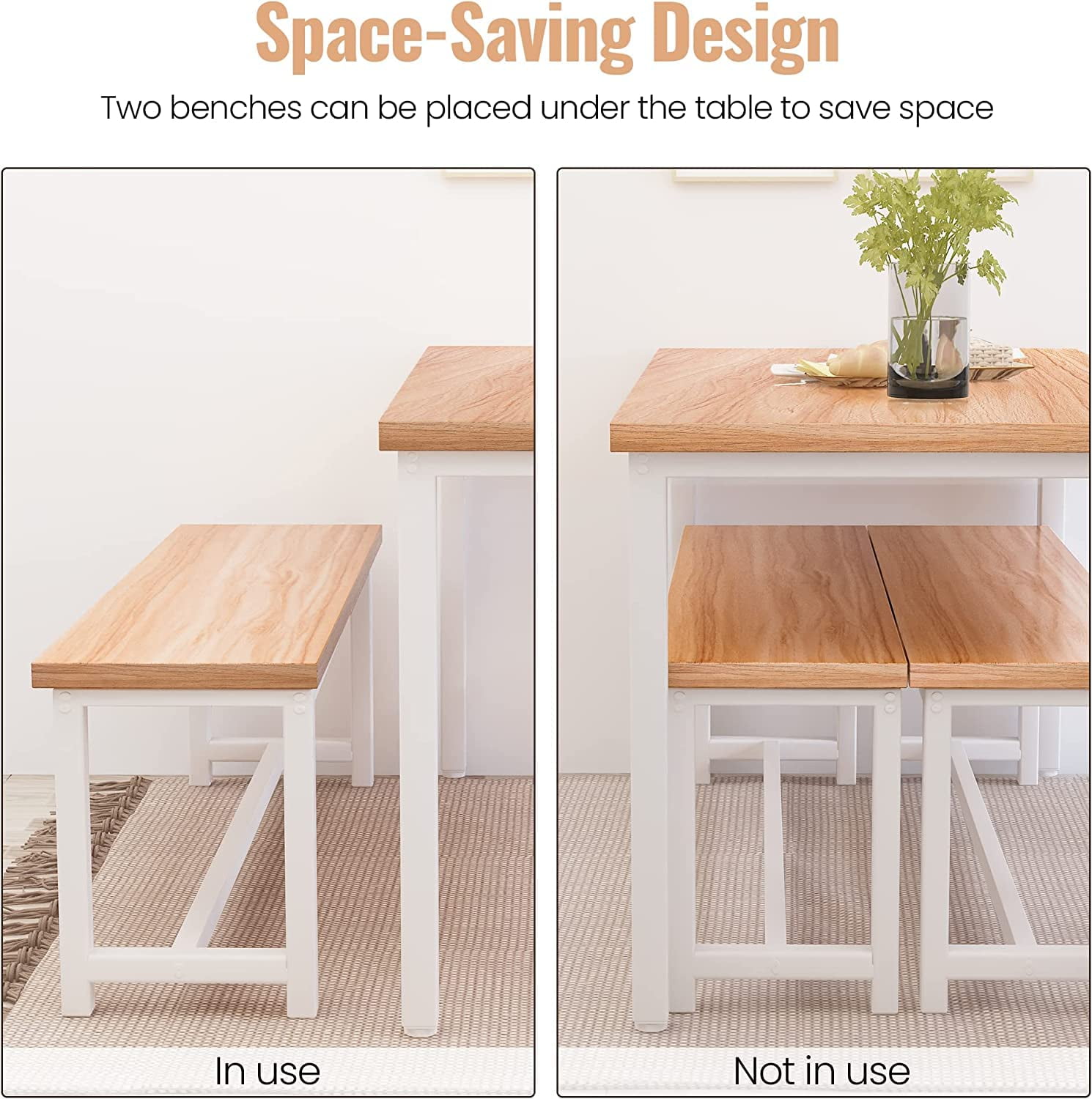 Cvortll Dining Room Table Set, Kitchen Table Set with 2 Benches, Ideal for Home, Kitchen and Dining Room, Breakfast Table of 43.3x23.6x28.5 inches, Benches of 38.5x11.8x17.5 inches, Beige