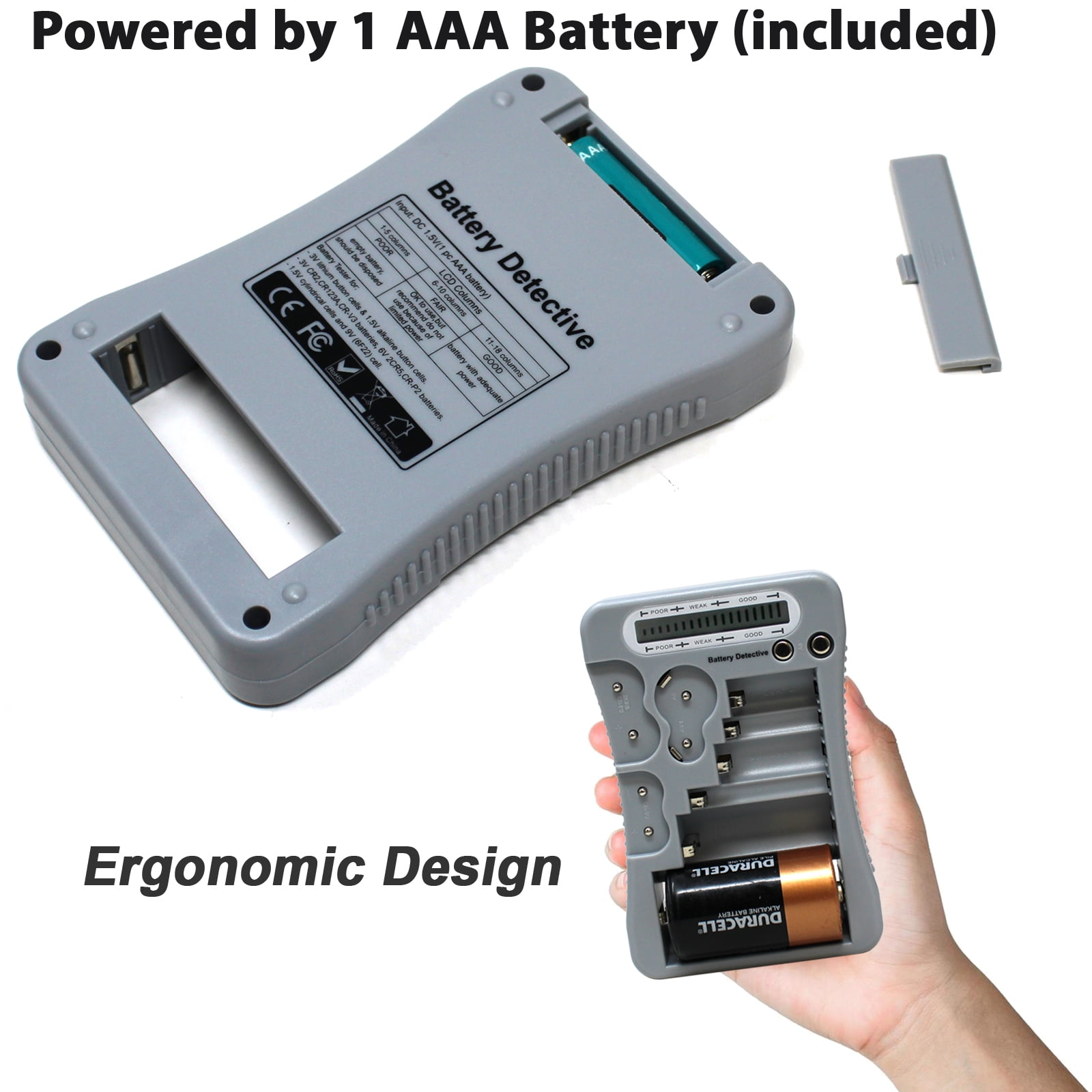 Battery Detective 12 Type Battery Tester (Grey) with LCD Display for Household Batteries AA AAA C D 9V CR2032 CR123A N/LR1 CR2 CR-V3 2CR5 CR-P2 1.5V/3V Button Cell Batteries + AAA Batteries (36-Pack)