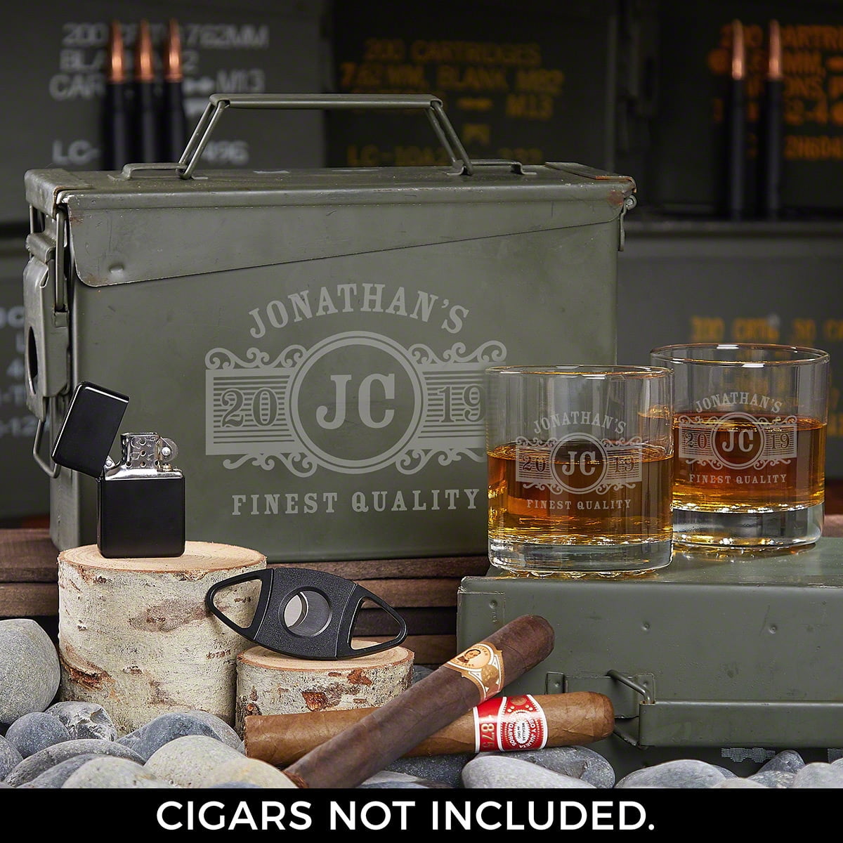 All the Vices Custom Marquee Ammo Box and Whiskey Glasses Gift Set