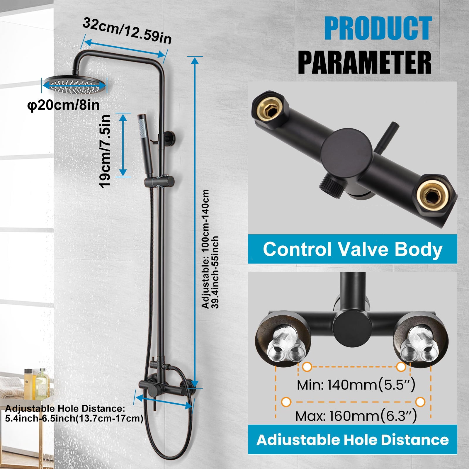 iMeshbean Black Shower Faucet Set 8" Rainfall Shower Head Combo System w/ Mixer Valve Kit