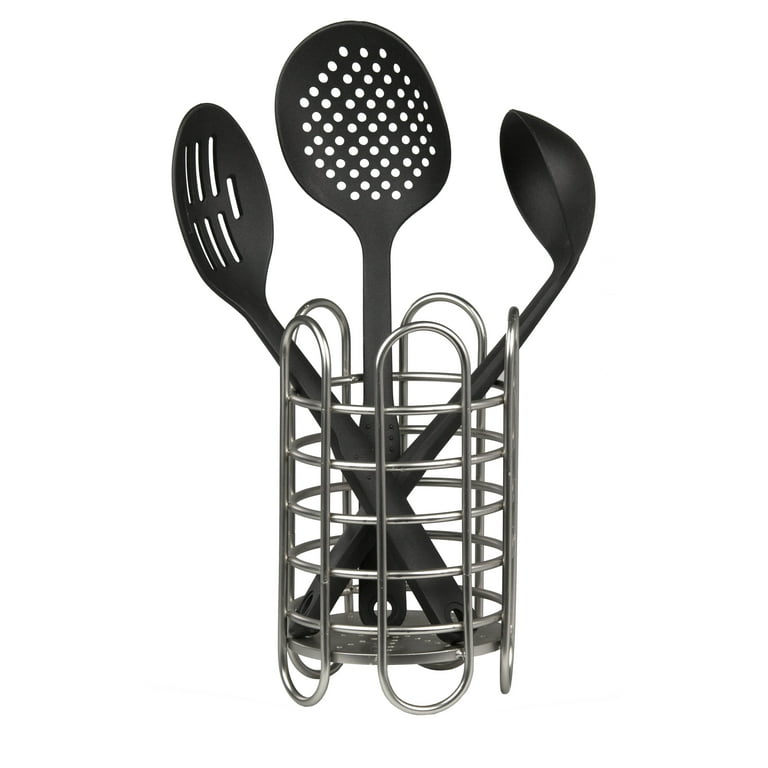 Simplicity Satin Nickel Free-Standing Utensil and Cutlery Holder with Quick Draining Holes Simplicity Satin Nickel Free-Standing Utensil and Cutlery Holder with Quick Draining Holes