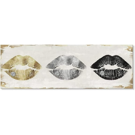 Lips Wall Decor Gold and Silver Lip Canvas Wall Art Retro Lip Poster Sexy Pictures for Bedroom Makeup Room Bathroom Home Wall Decoration