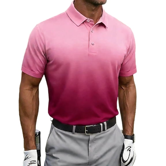 Alkepwun Mens Summer Tops Gradient Ombre Short Sleeve Dry Fit Collared Golf Casual Button T‑Shirt Classic Lightweight Breathable Stretchy Shirt