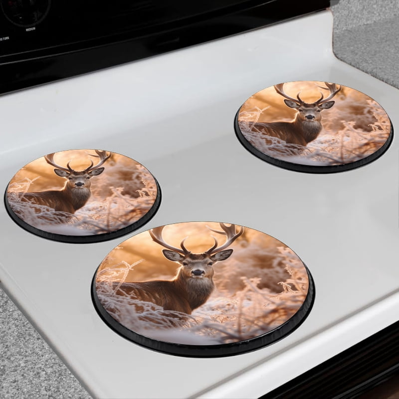 Gas Stove Burner Cover Set Of 4,Majestic Deer With Impressive Antlers Stands In The Frost-Covered Grass Metal Electric Stove Burner Covers,Protecting Gas Stoves,Kitchen Decor，8 Inch And 10 Inch