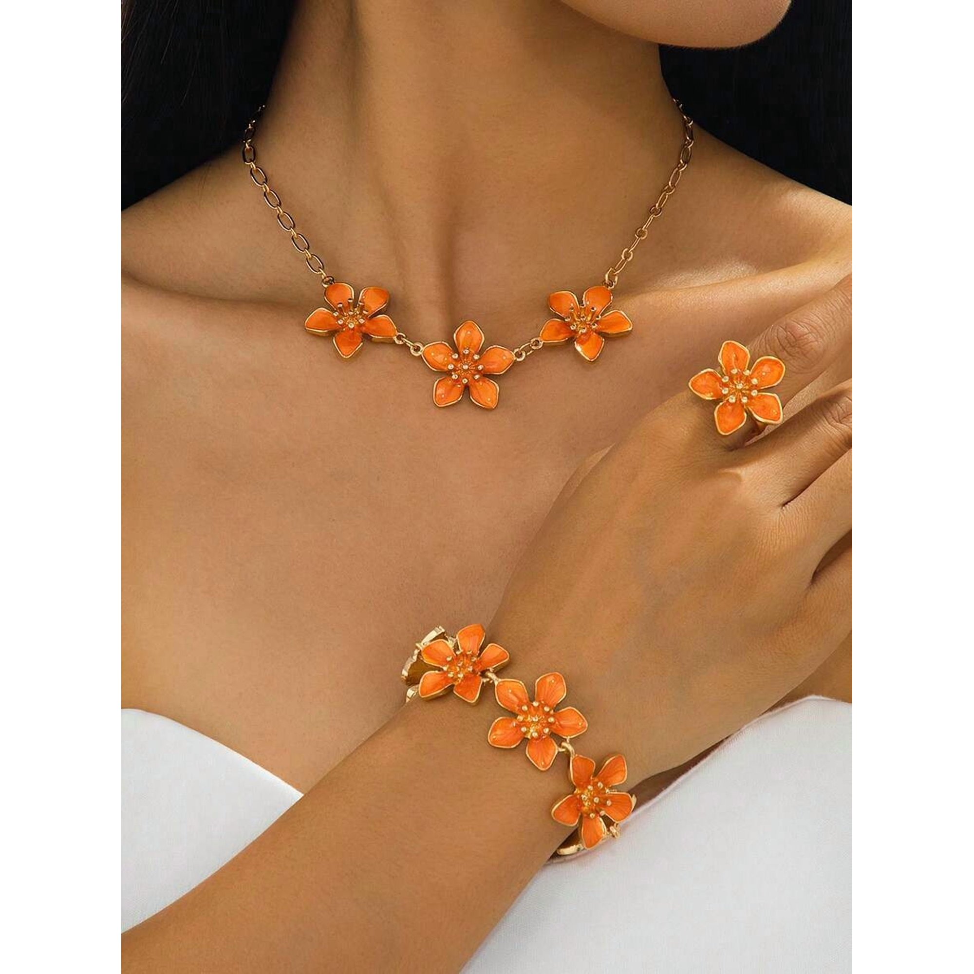 Orange-2 Floral Charm Anklet With Goldtone Metal And Enamel Petals