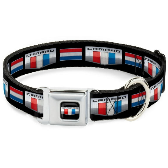 GM General Motors Pet Collar, Dog Collar Metal Seatbelt Buckle, Camaro Six Badge Stripe Black Silver Red White Blue, 11 to 16.5 Inches 1.0 Inch Wide