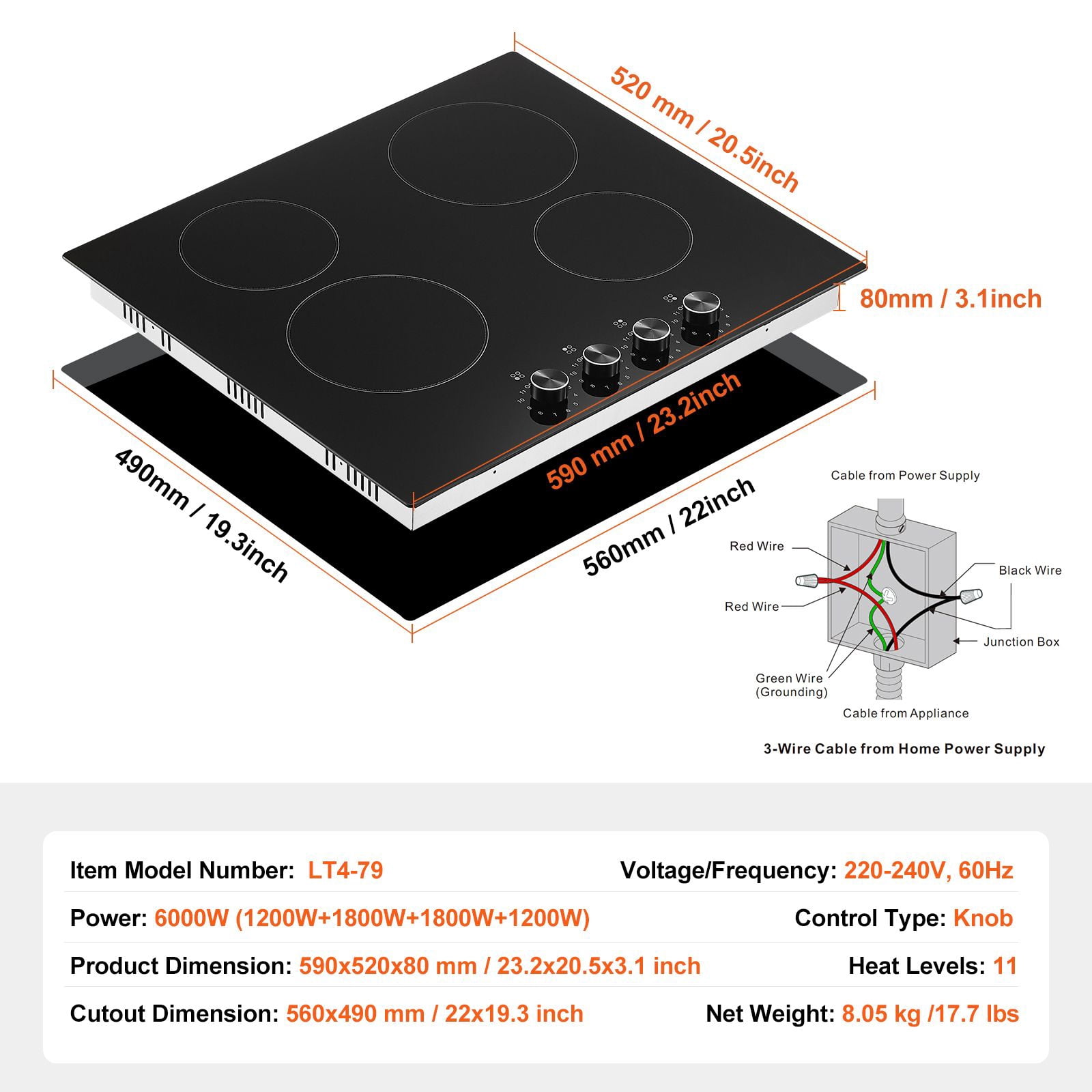 24 inch Electric Cooktop Built-in Stove Burner, 220-240V, Power 6000 W, 6000W High Power, 6000W Ceramic Top Radiant Cooktop, Safer routing, cleaner installation, and dependable power management