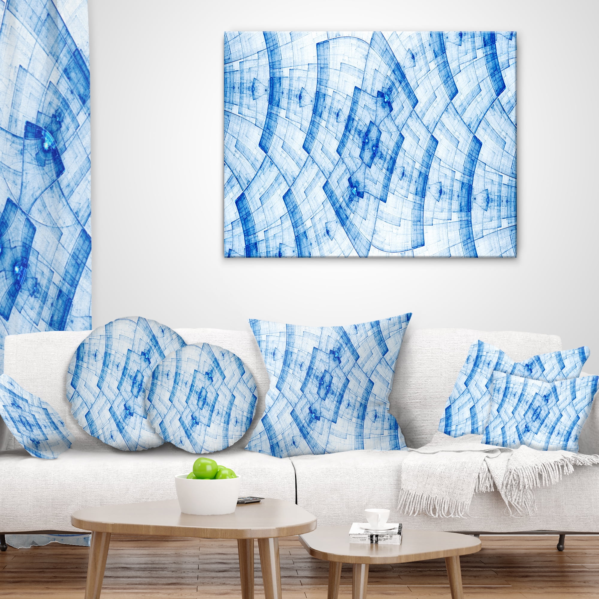 Designart Blue Fractal Flower Pattern Grid - Abstract Throw Pillow - 18x18