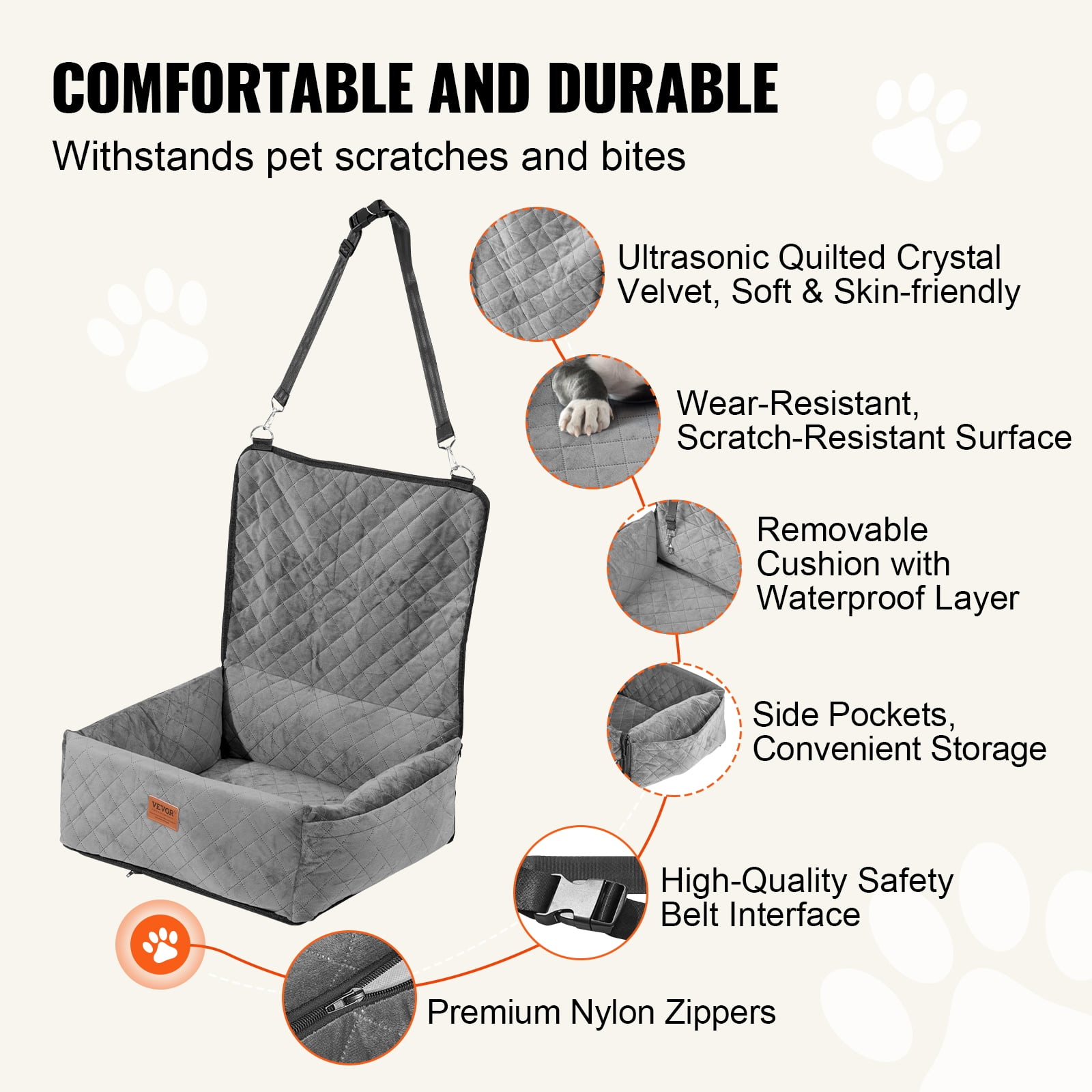 VEVOR Dog Car Seat, Dog Booster Seat for Car with A Storage Pocket, Clip-On Safety Leash, Sponge and PP Cotton Filling, Dog Car Bed for Small & Medium Dog up to 40lbs, Gray