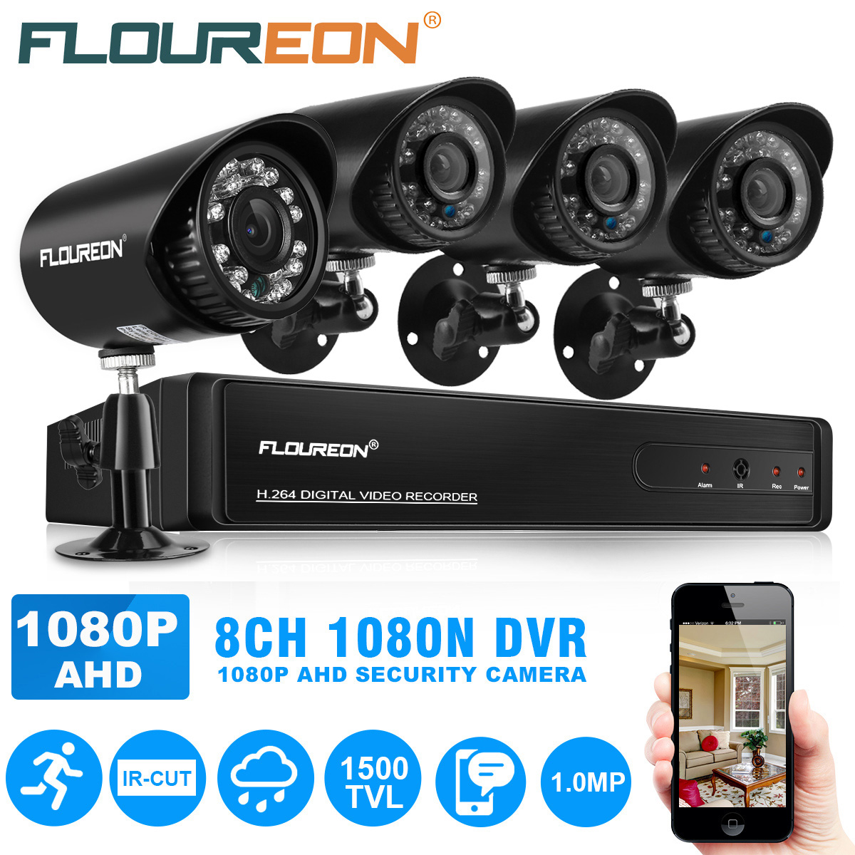 Indoor/Outdoor Security Camera Set, 8CH 1080N AHD DVR + 4 X Outdoor