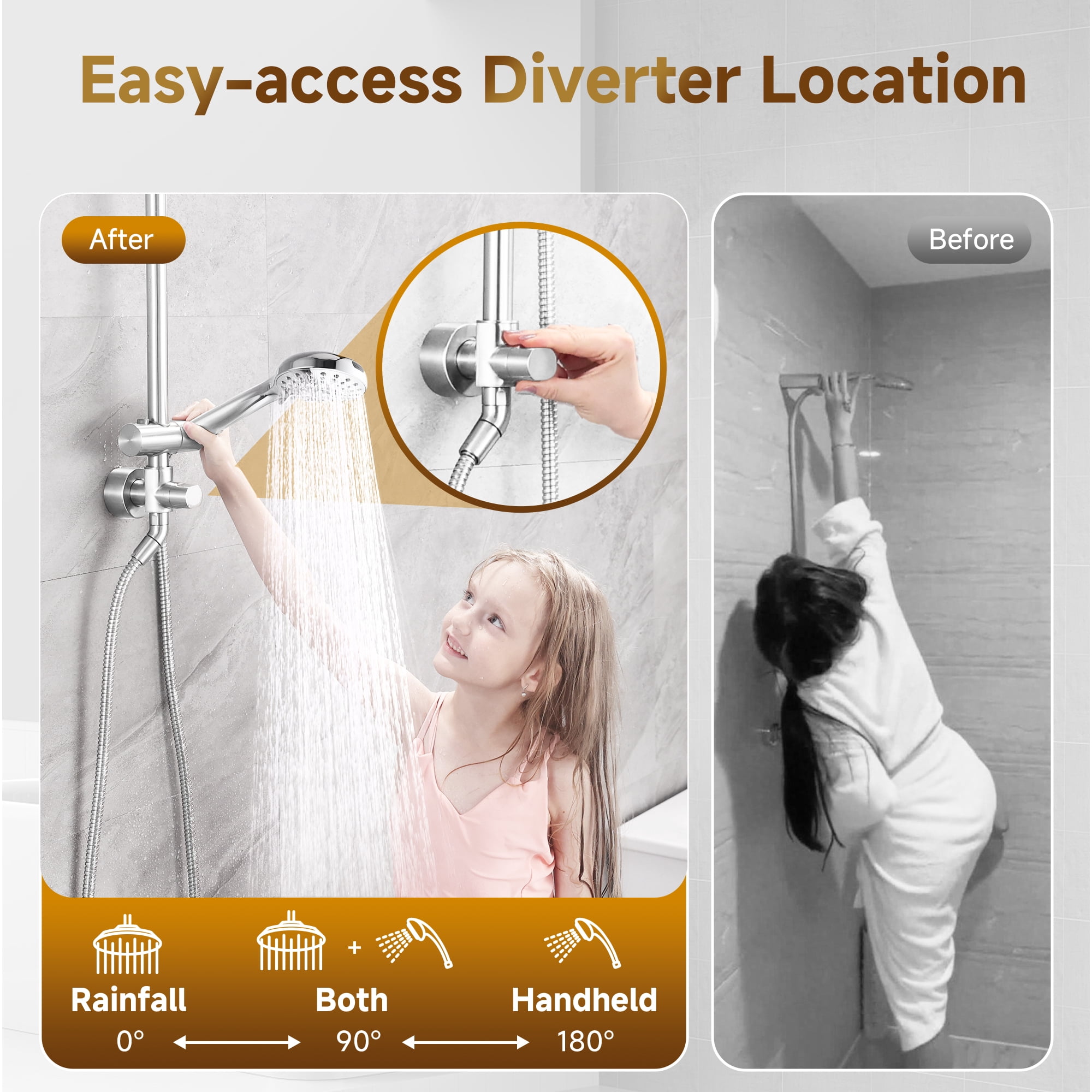 Bright Showers Rain Shower Heads System, Rainfall & Handheld Shower Combo with Height Adjustable Holder, Solid Brass Rail, 60" Long Hose, Chrome