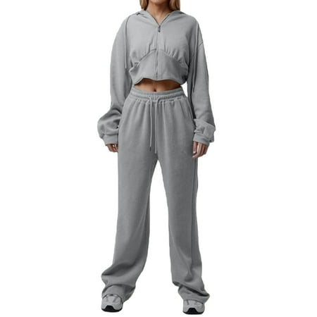 MDUKONU Women s 2-Piece Tracksuit - Half Zip Cropped Hoodie & Straight Leg Sweatpants GY1 L