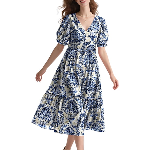 Vestido midi YESNO de verano con estampado floral con cuello en V y manga abullonada 3XL para mujer