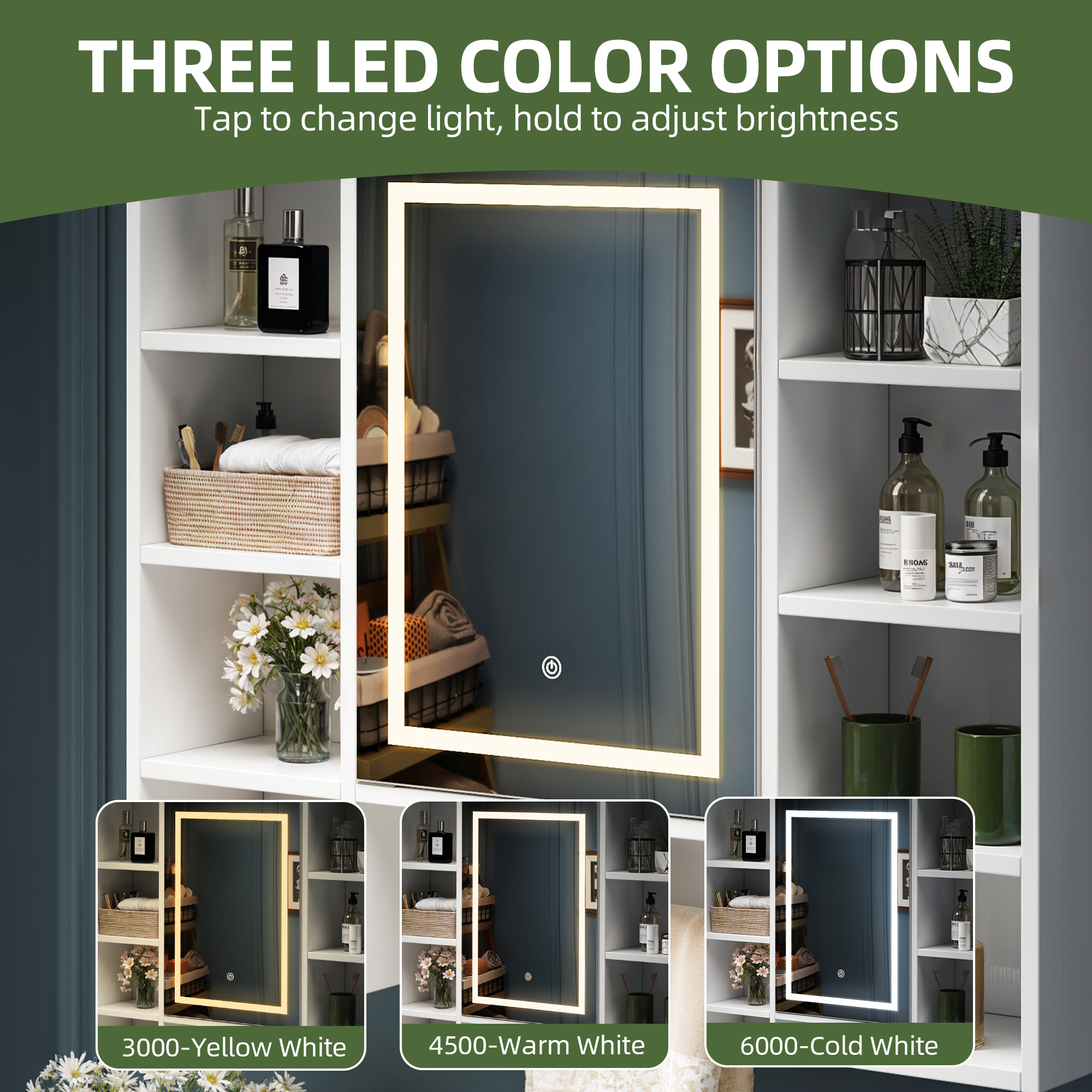 Uforic Wall Mount Medicine Cabinet with LED Lights & Mirror for Bathroom Storage, White