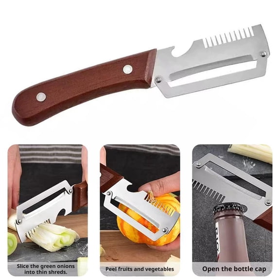3-in-1 Kitchen Peeler and Onion Slicer, Stainless Steel Sugar Cane Peeler, Vegetable Fruit Peeler with Scallion Cutter and Bottle Opener, Multifunction Cooking Prep Tool