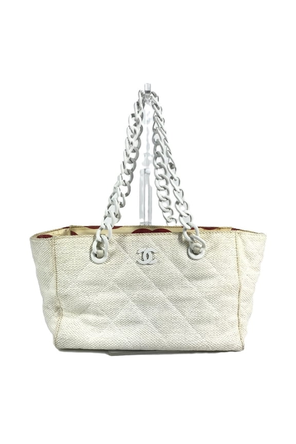 Pre-Owned CHANEL Women's White Linen Tote Bag with Double Chain and Phone Pouch, Logo Matelasse...