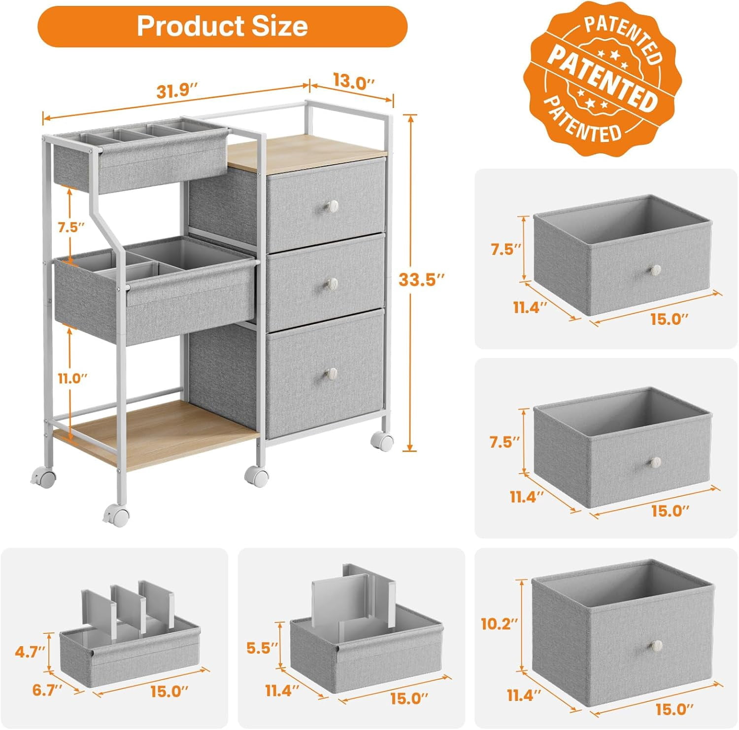 Baby Organizer and Storage - 3 Tier Rolling Cart with Dividers and Drawers, Easy To Assemble, Mobile Utility Cart with Wheels for Nursery, Bedroom, Changing Table & Crib, Light Gray