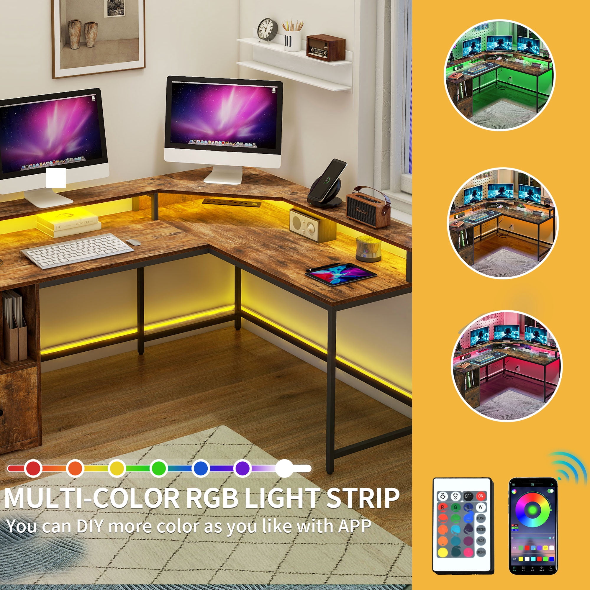 Uforic L-Shaped Desk with Power Outlets& LED Lights, Corner Computer Desk for Home Office, Brown