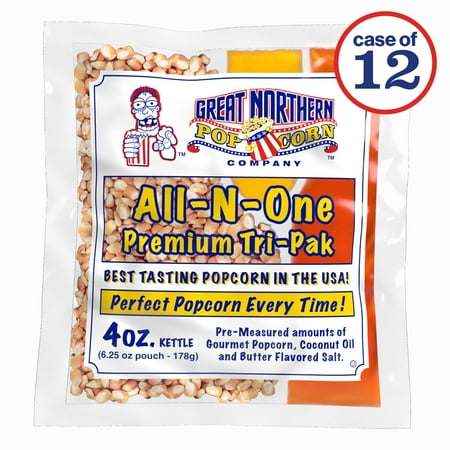 4 oz Popcorn Packs – Pre-Measured, Movie Theater Style, All-in-One Kernel, Salt, Oil Packets for Popcorn Machines by Great Northern Popcorn (12 Case)