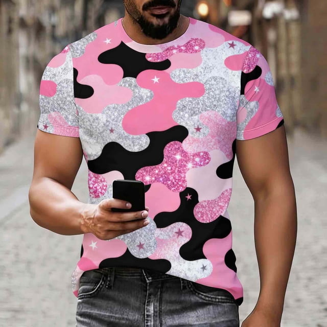 Ceisia Men's Slim Fit Pink Glitter Camouflage Print Crew Neck Short Sleeve Casual T-Shirt Gifts
