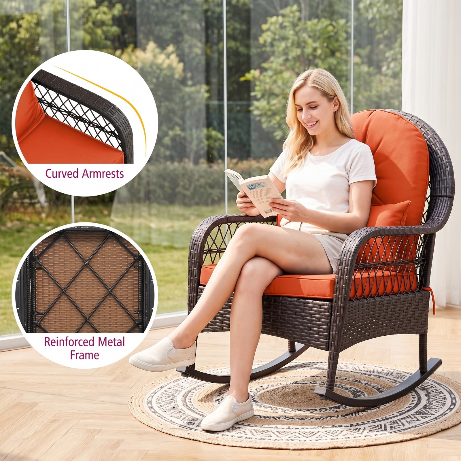 Furnibear Patio Rattan Rocking Chair with Soft Seat, Back Cushions and Waist Pillow for Front Porch, Backyard and Poolside, Red