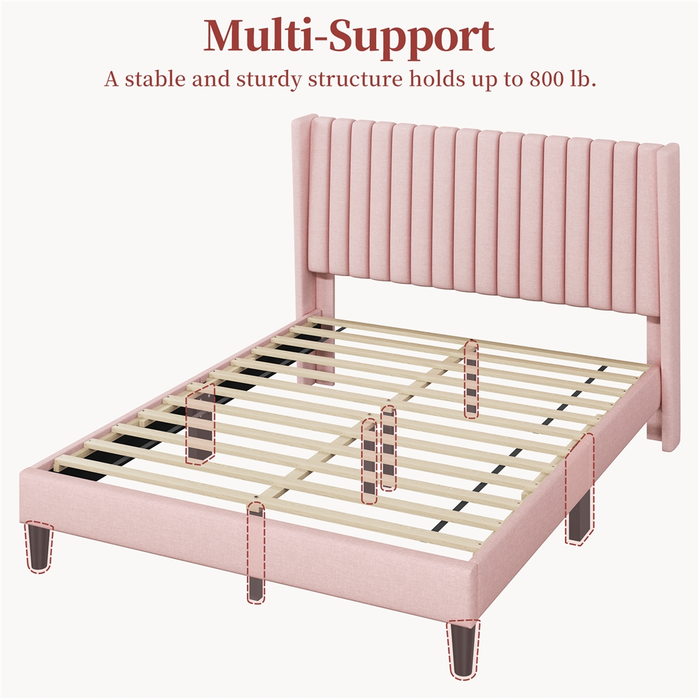 Yaheetech Upholstered Platform Bed Frame with Channel Tufted Headboard, Queen, Pink
