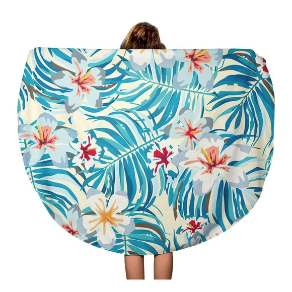 NUDECOR 60 inch Round Beach Towel Blanket Summer Hawaiian Pattern Leaf Plant Tropical Flower Hawaii Aloha Travel Circle Circular Towels Mat Tapestry Beach Throw