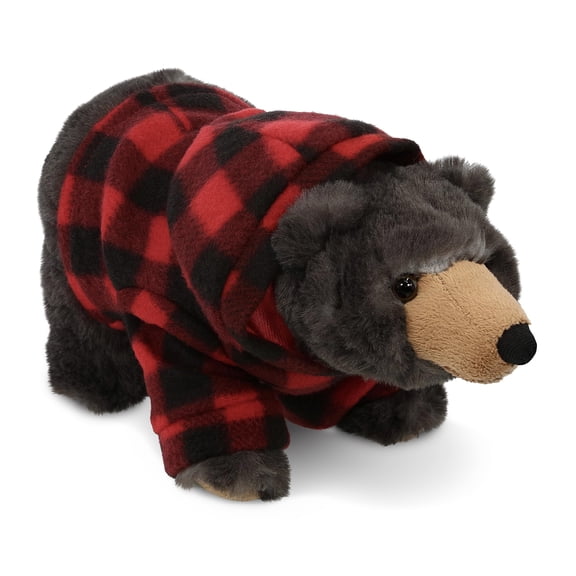 DolliBu Super Soft Standing Wild Black Bear Stuffed Animal with Plaid Red Hoodie Sweater - Cute Bear Plush Lumberjack Stuffed Toy with Plaid Jacket Dress Up for Christmas, Holiday, Winter - 11 Inches