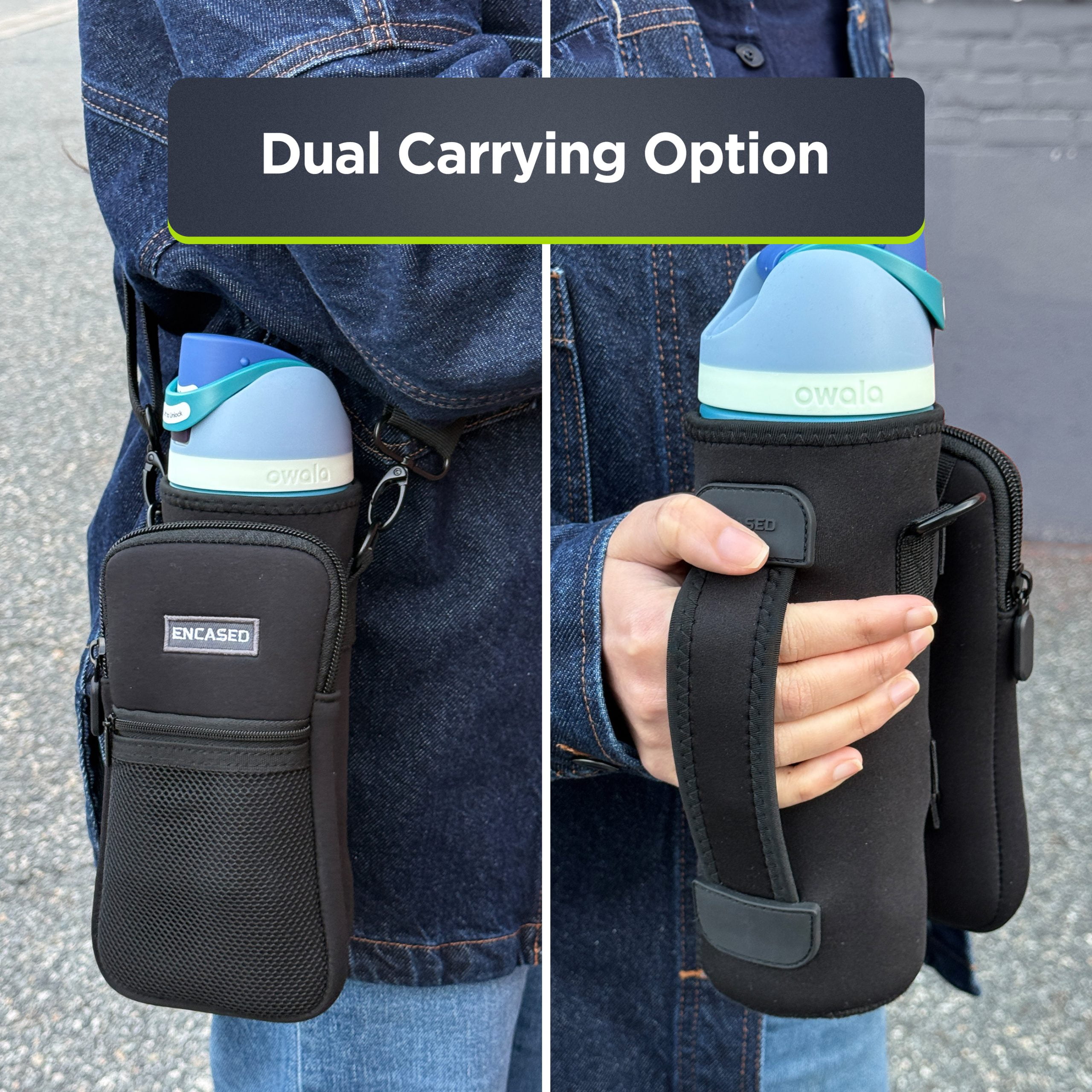 Carrier Bag for Owala FreeSip 24oz Water Bottle - Neoprene Travel Sleeve with Hand Strap and Large Storage Pocket (Black)