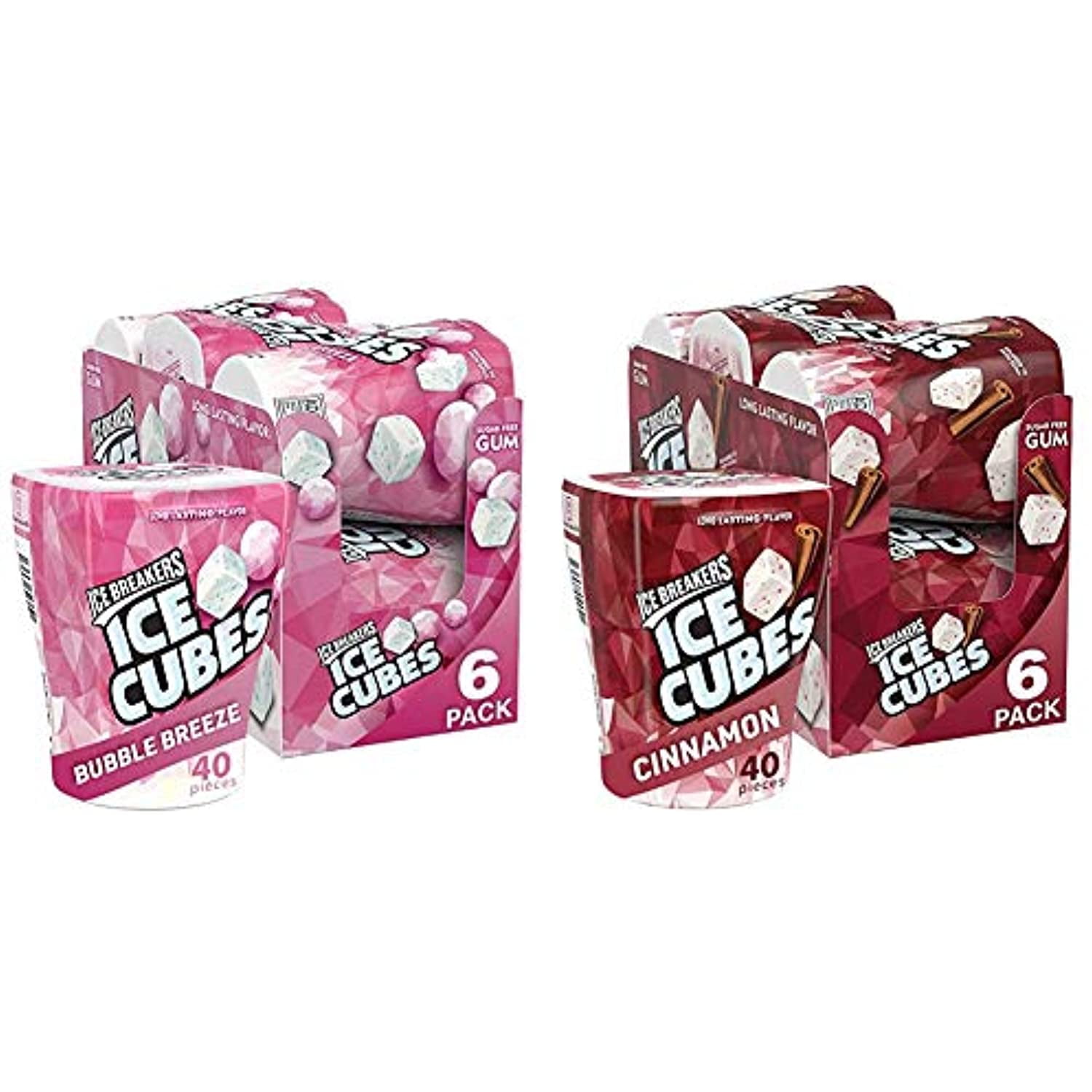 Ice Breakers Ice Cubes Sugar Free Gum With Xylitol, Bubble Breeze, 40 Count, Pack Of 6 & Ice Cubes Sugar Free Gum With Xylitol, Cinnamon, 40 Count, Pack Of 6