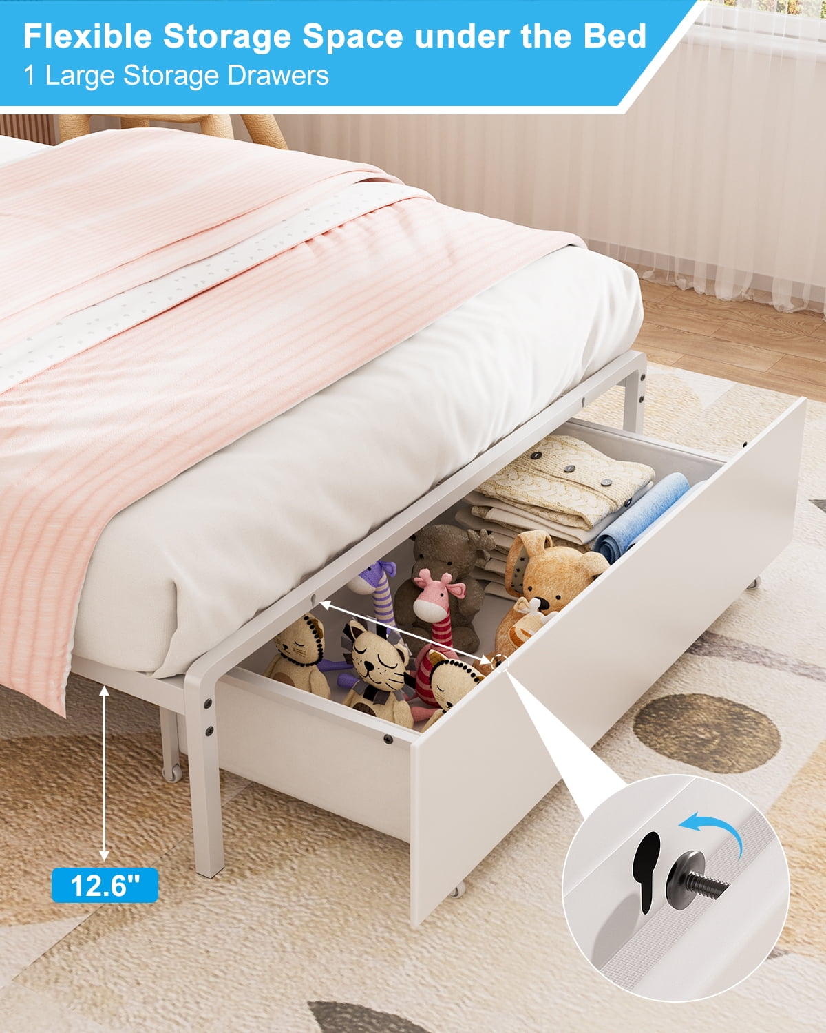 Twin Bed Frame with Storage Headboard & Drawer, 3-in-1 Charging Station, Sturdy Metal Frame, No Box Spring Needed, Noise-Free, Non-Slip Design –(White)