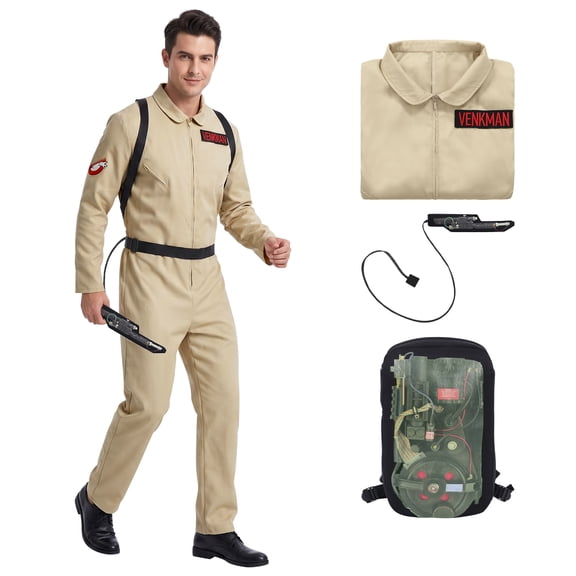 Alaiyaky Ghost Hunter Costume for Adult, Jumpsuit and Inflatable Backpack, Beige, Perfect for Halloween, Groups, and 80s Theme Fancy Dress Events Proton Pack