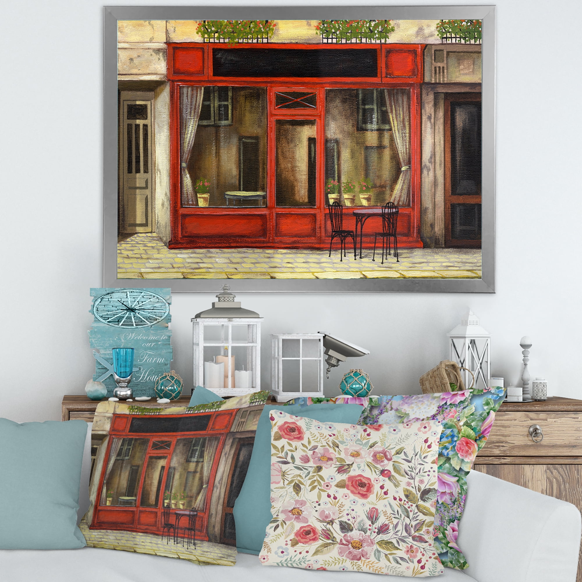Red Facade of Charming Shop In Paris Street I 32 in x 24 in Framed Painting Canvas Art Print, by Designart