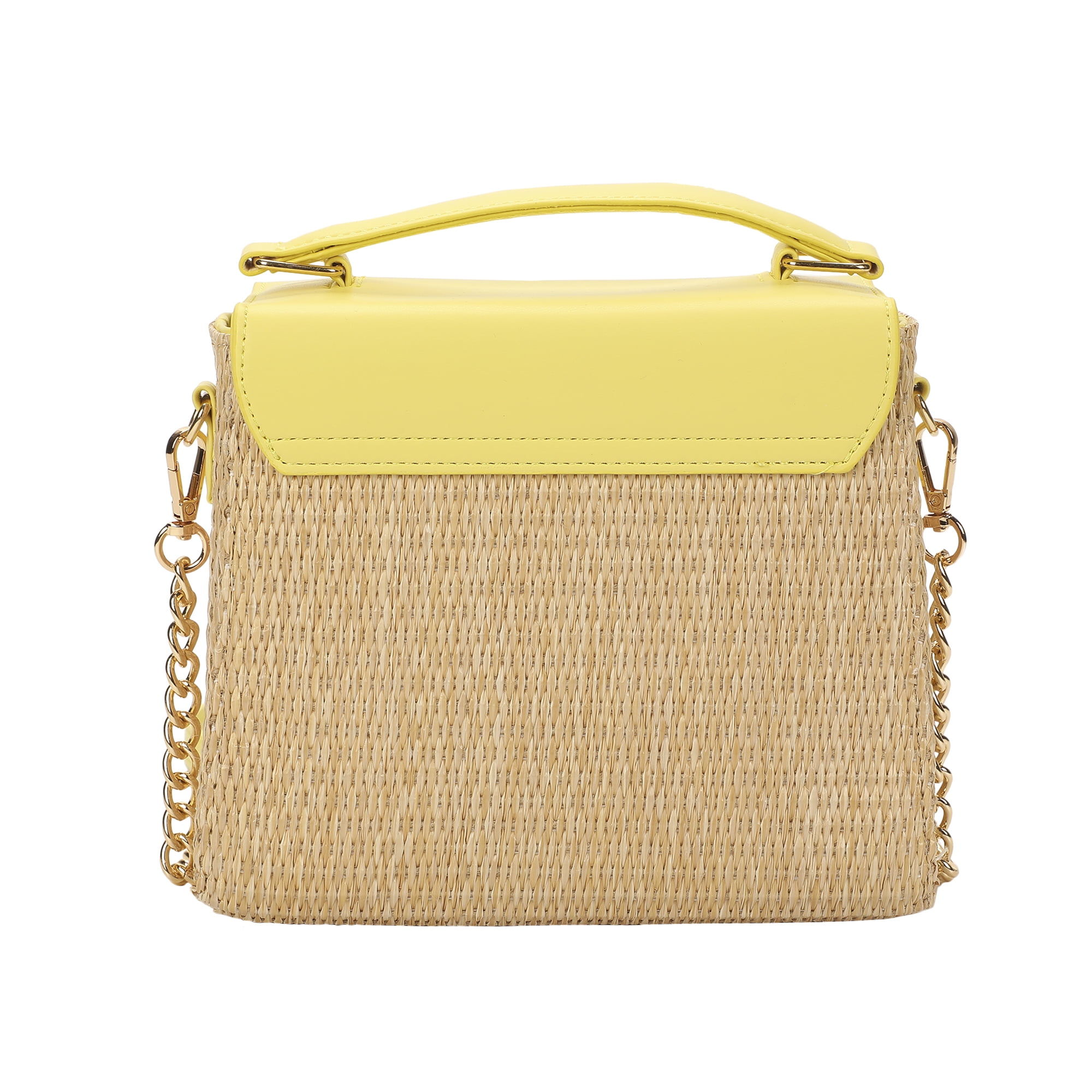 Packed Party Women's Woven Straw Crossbody Bag with Faux Leather Scallop and Chain Strap, Yellow