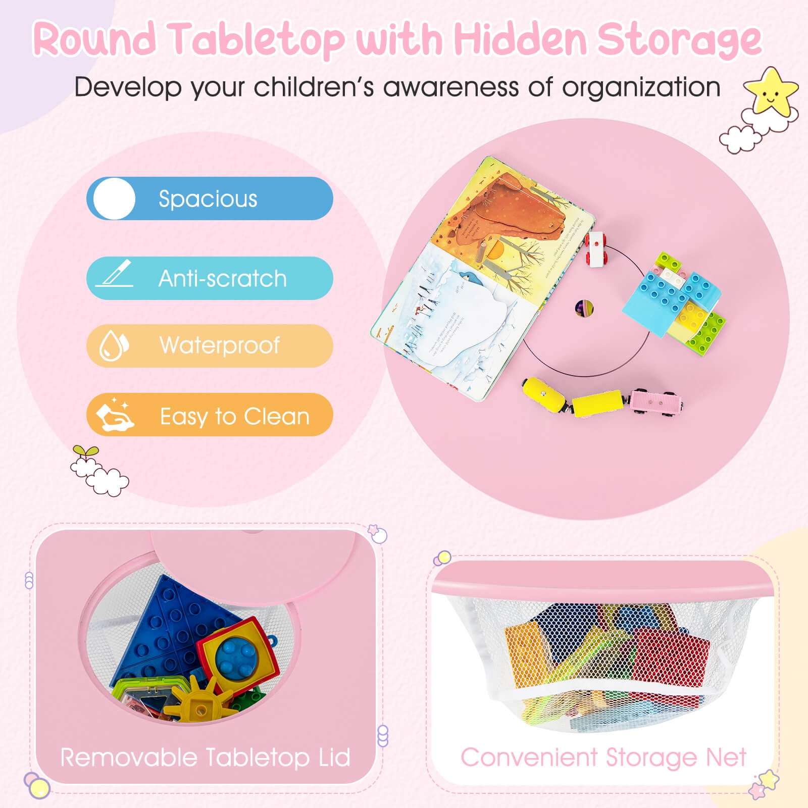 Infans Kids Wooden Round Table & 2 Chair Set w/ Center Mesh Storage Pink