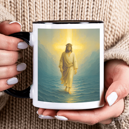 

Lotusprinthandmade Jesus on Water Pink Accent Mug (15oz) (Made In US) jesus faith-themed mug inspirational water jesus mug jesus on water gift mug