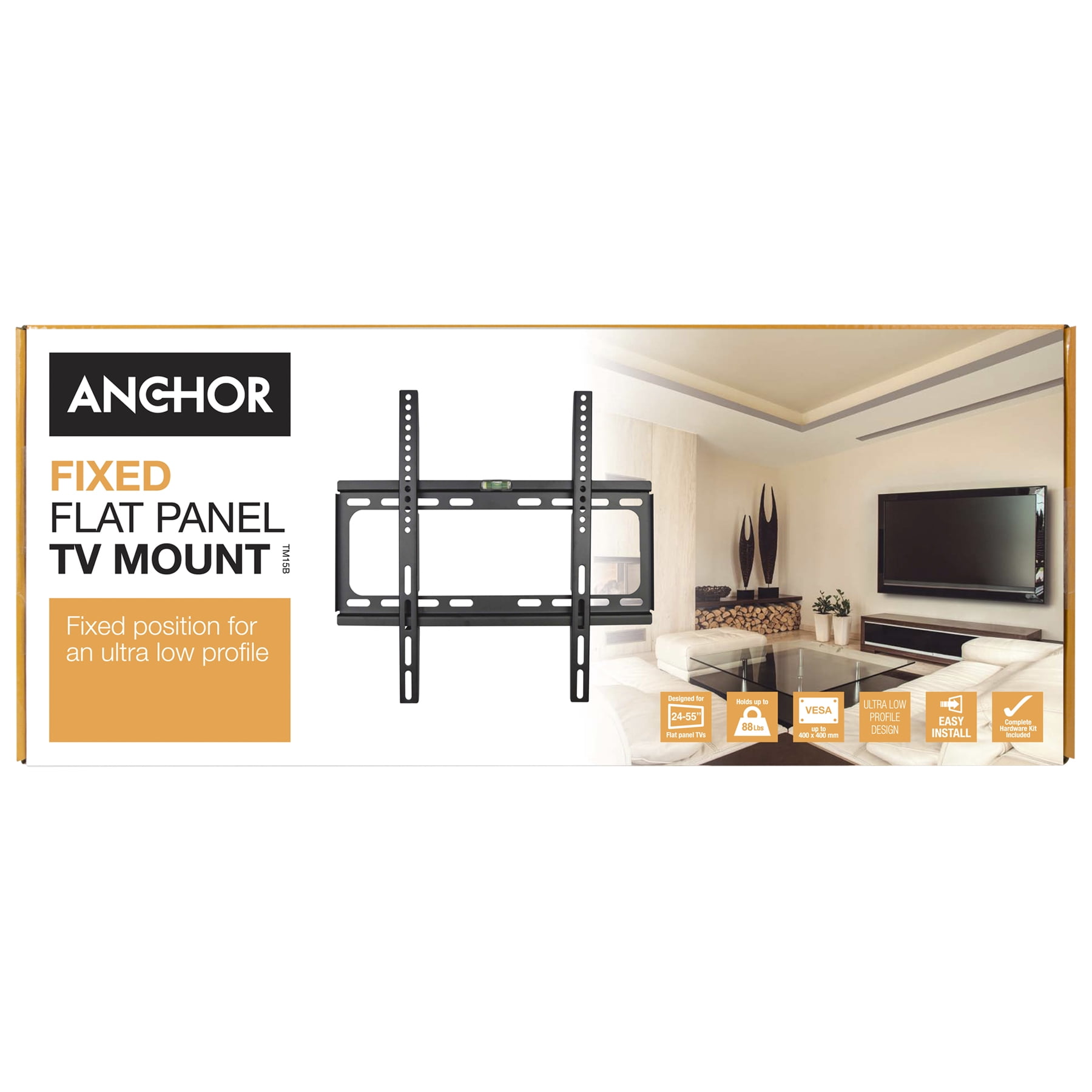 Anchor 24-55" Flat Panel Fixed TV Mount, up to 88 lbs, TM15B, Black