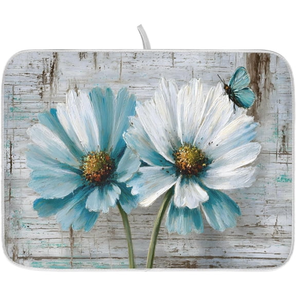 Rustic Teal White Daisy on Vintage Wooden Dish Drying Mat for Kitchen Counter Absorbent Microfiber Large Drying Pad Dish mats for Kitchen Countertops 18 x 24 Inch