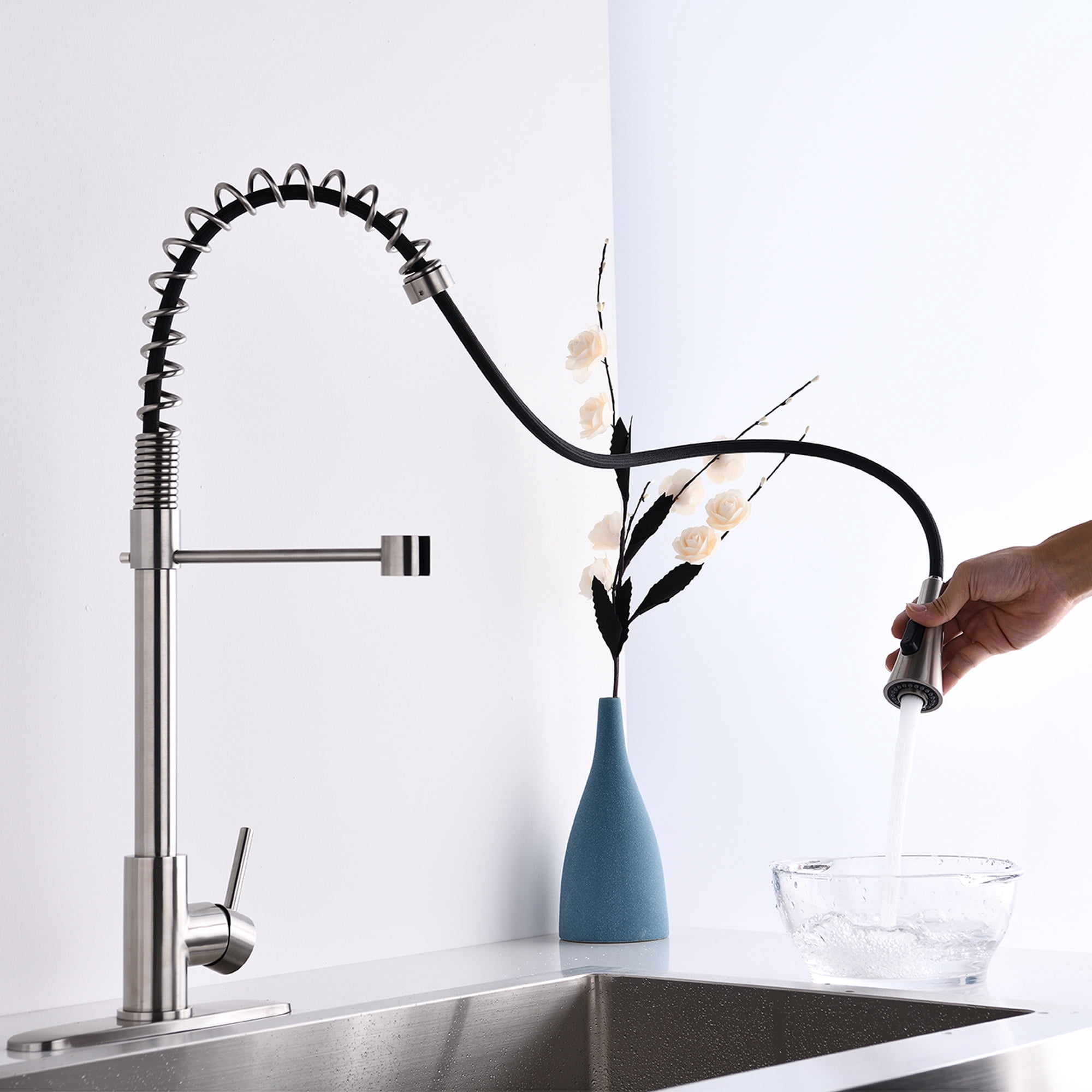 Brushed Nickel Single Handle Commercial Modern Spring High Arc Kitchen Faucet Water Filter System Bends as You Want