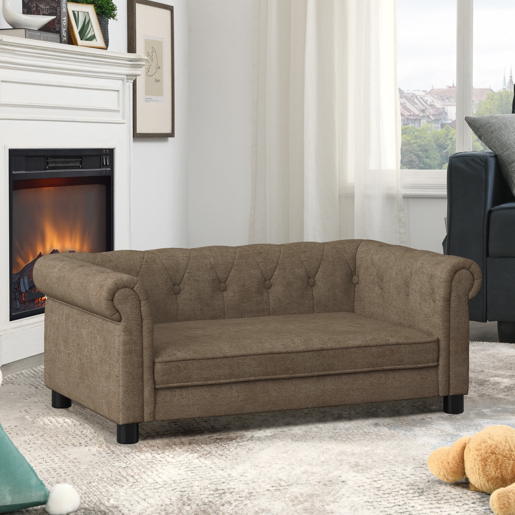 Noaman Elevated Dog Sofa Bed for Small & Medium Dogs, 40"x23"x16" Rectangular Pet Bed with Linen Fabric, Modern Brown Dog Couch, Supports Up to 100lbs