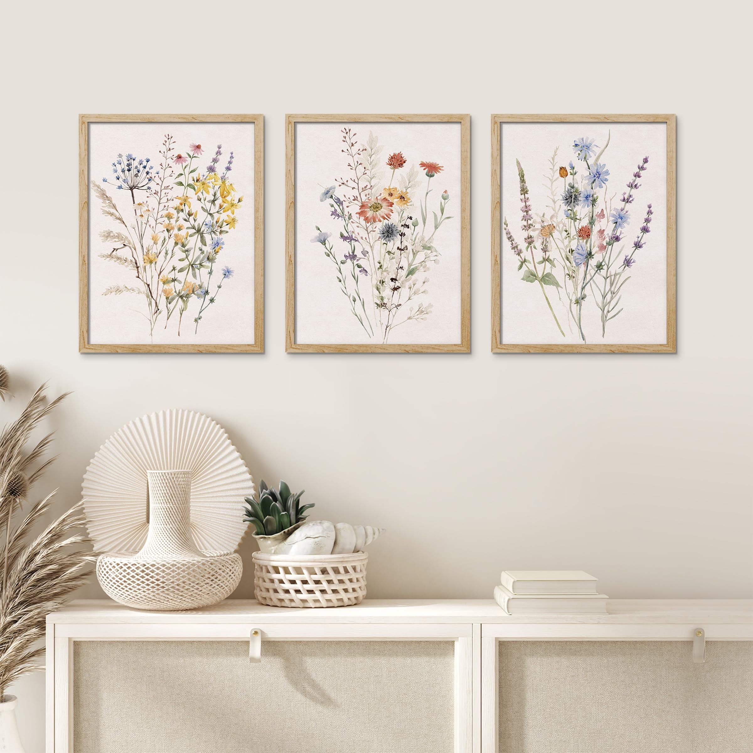 PixonSign Framed Canvas Print Wall Art Set - Multicolor Wildflowers Poster Art - Set of 3 Watercolor Nature Wilderness Floral Botanical Vintage Wall Décor for Living Room - 11"x14" Natural