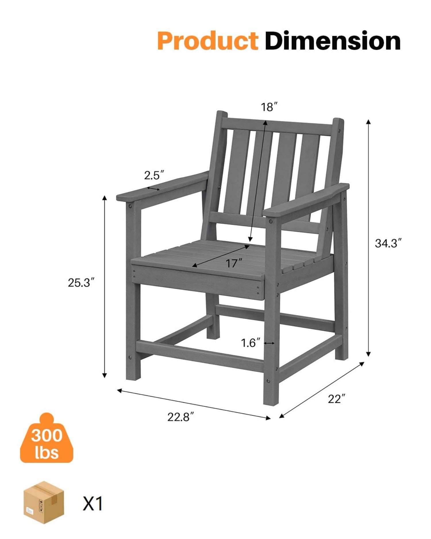 Patio Dining Chair Set of 2, HDPE Outdoor Dining Chairs with Ergonomic Backrest, All Weather Patio Chairs for Backyard, Deck, Garden, Poolside, Smoke Gray
