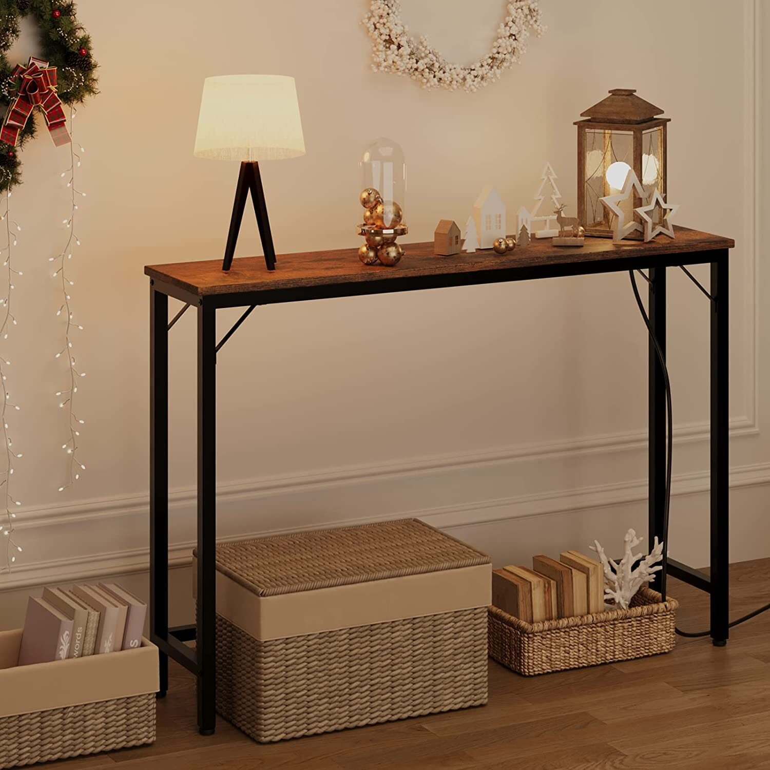 HOSSLLY Console Table with Outlets, Sofa Table with Charging Station, Industrial Entryway Table Foyer Table for Entryway, Front Hall, Hallway, Sofa, Couch, Living Room,Kitchen, Rustic Brown