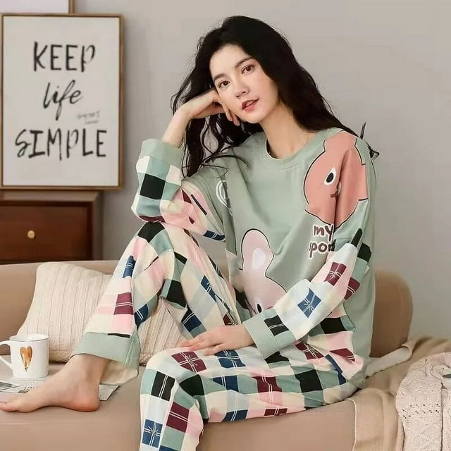 Conjunto de Pijama a cuadros para Mujer, ropa de dormir de dibujos animados, 2 piezas, talla grande 5XL, verano y otoño