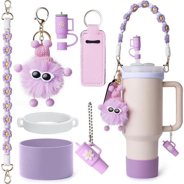 Juego de Accesorios para la Taza Stanley | Correa para Mango de Botella de Agua, Bota de Silicona, Portarúculas, Llavero y Encantos para Mangos, Tapa de Sorbete para Tumblers de 30oz/40oz